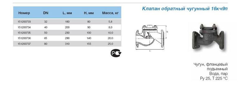 Клапан обратный, подъемный, фланцевый, чугун Ду 80 Ру= 25 16кч9п