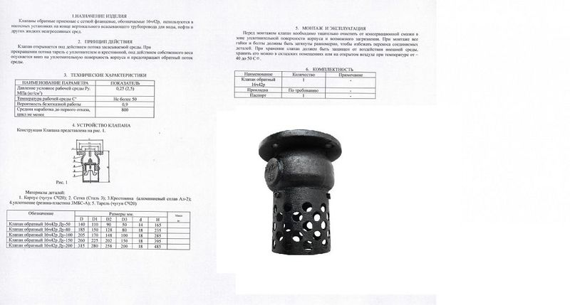 Клапан обратный, приемный, фланцевый, с сеткой Ду150 Ру2,5 с сеткой 16ч42р